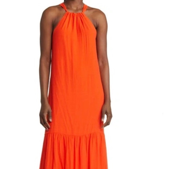 TREASURE & BOND Tie Back Halter Maxi Dress In Orange Cherry - Picture 1 of 7